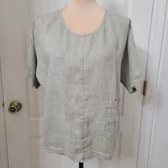 J. Jill Size Unknown Sage Green Garment Dyed Linen Round Neck Pocket Basic Top - Picture 1 of 11